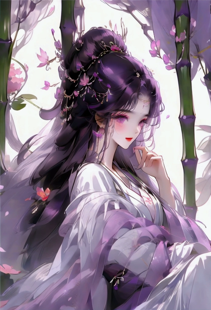 1girl, purple eyes, Long purple hair decorated with flowers 🏵️, bright brown eyes,Smile, smile,Girl wearing a simple hanfu, looks beautiful and pure,The background is filled with purple mulberry trees 🍁,Falling leaves make the atmosphere look beautiful,Girl is holding a bamboo basket containing mulberry flowers 🍁while picking flowers, graceful, beautiful, magical, sweet, 4k