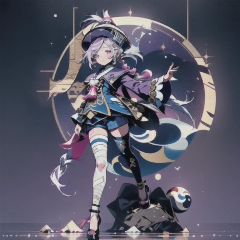 masterpiece, best quality, 10 years old, 1girl, qiqi (genshin impact), solo, thighhighs, hat, purple hair, white thighhighs, hair ornament, braid, qing guanmao, long sleeves, purple eyes, long hair, jewelry, parted lips, wide sleeves, ofuda, purple headwear, bangs, looking at viewer, outstretched arms, standing on one leg, beads, blush, shorts, dress, bead necklace, jiangshi, yin yang, single braid, black footwear, orb, necklace, blue dress, coin hair ornament, hair between eyes, very long hair, purple jacket, standing, snowflakes, shoes, cropped jacket, jacket, :o, sleeves past wrists, braided ponytail, vision (genshin impact), short shorts, bandaged leg, earrings, blue shorts, bandages, leg up, chinese clothes, yin yang orb,