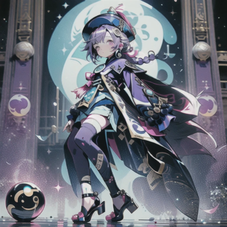 masterpiece, best quality, 10 years old, 1girl, qiqi (genshin impact), solo, thighhighs, hat, purple hair, white thighhighs, hair ornament, braid, qing guanmao, long sleeves, purple eyes, long hair, jewelry, parted lips, wide sleeves, ofuda, purple headwear, bangs, looking at viewer, outstretched arms, standing on one leg, beads, blush, shorts, dress, bead necklace, jiangshi, yin yang, single braid, black footwear, orb, necklace, blue dress, coin hair ornament, hair between eyes, very long hair, purple jacket, standing, snowflakes, shoes, cropped jacket, jacket, :o, sleeves past wrists, braided ponytail, vision (genshin impact), short shorts, bandaged leg, earrings, blue shorts, bandages, leg up, chinese clothes, yin yang orb,