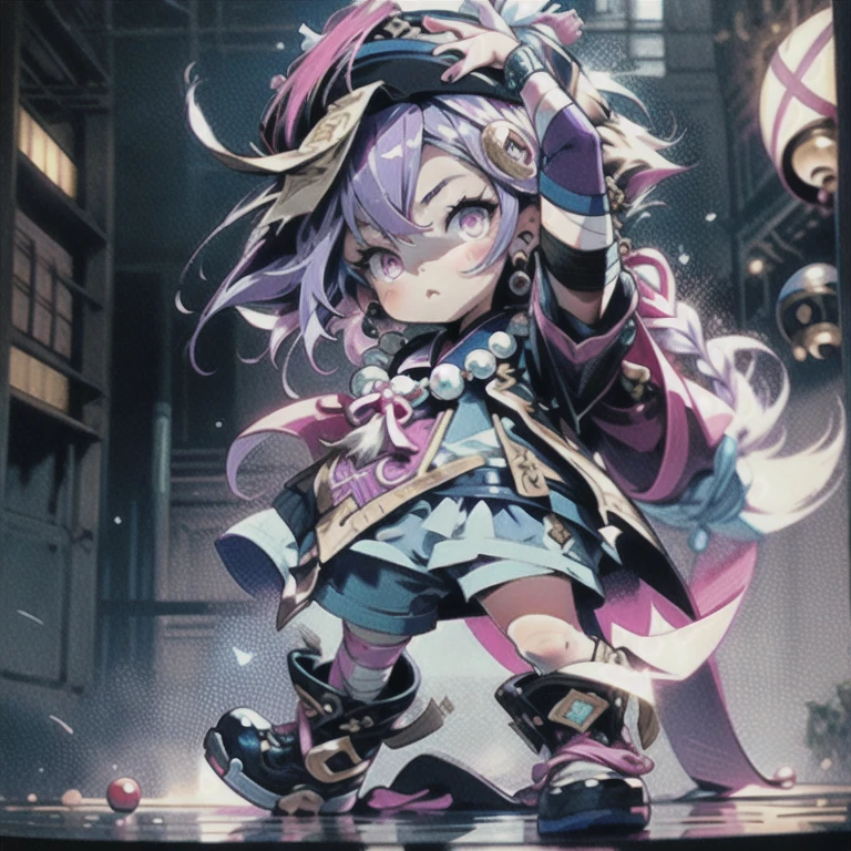 masterpiece, best quality, 10 years old, 1girl, qiqi (genshin impact), solo, thighhighs, hat, purple hair, white thighhighs, hair ornament, braid, qing guanmao, long sleeves, purple eyes, long hair, jewelry, parted lips, wide sleeves, ofuda, purple headwear, bangs, looking at viewer, outstretched arms, standing on one leg, beads, blush, shorts, dress, bead necklace, jiangshi, yin yang, single braid, black footwear, orb, necklace, blue dress, coin hair ornament, hair between eyes, very long hair, purple jacket, standing, snowflakes, shoes, cropped jacket, jacket, :o, sleeves past wrists, braided ponytail, vision (genshin impact), short shorts, bandaged leg, earrings, blue shorts, bandages, leg up, chinese clothes, yin yang orb,