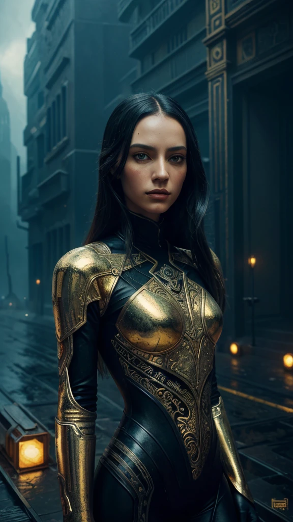 oil painting, surreal dystopian beautiful creature, piercing eyes,
painted by James Jean, cubist style, intricate details, stunning and ornate,
scattered cinematic atmosphere, bright colors, gold and black, brush strokes
inspired by Van Gogh, influence of Gerald Brom and Dariusz Klimczak,
composition inspired by Nikolina Petolas, metallic and organic textures,
eerie glow, dystopian background, collapsing buildings, barren wasteland,
intricate patterns and symbols, cinematic lighting,
decorative frame, captivating composition, masterpiece, 8K