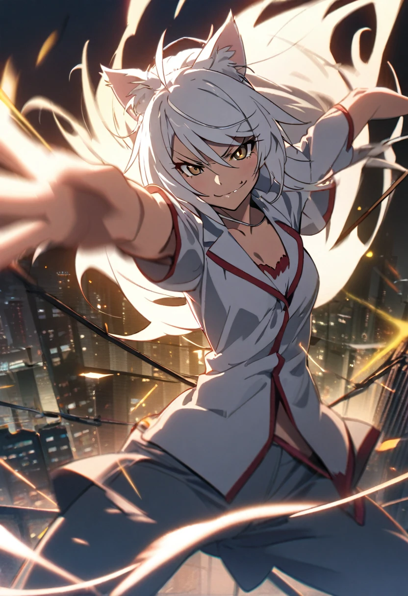 1girl, black hanekawa, monogatari (series), white cat ears, windswept long white hair, motion blur effect, balancing on power lines, urban skyline, streaked background, sense of danger, masterpiece, best quality, absurdres, confident smirk, agile pose, sparks flying, night sky