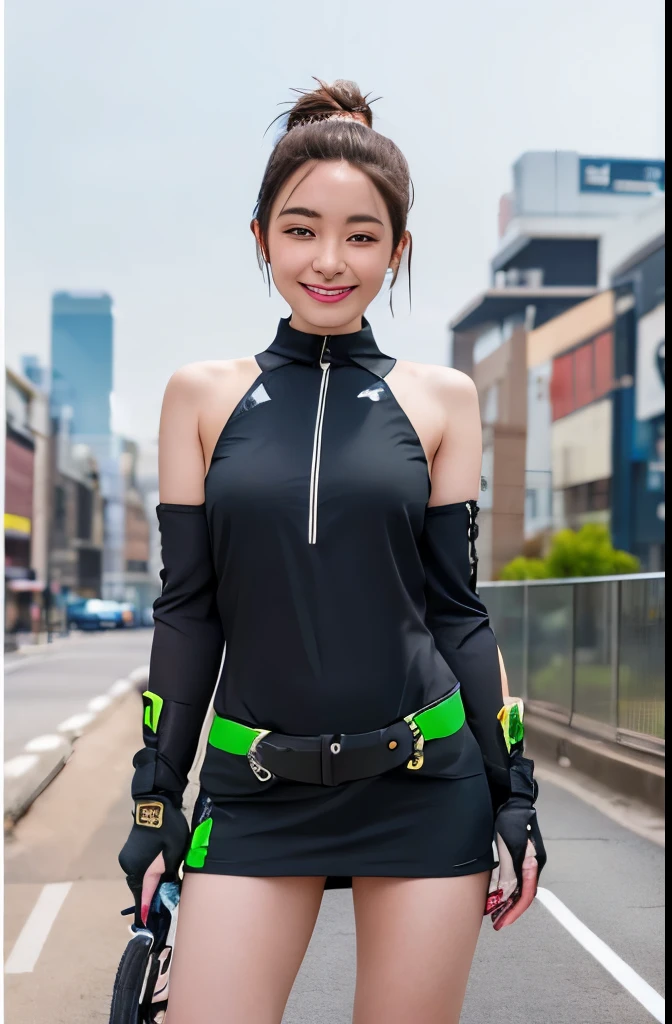 Shining Korean beauty with cybernetic arm,(Transparent and revealing clothing:1.3, ),(Cyber Girl is、Ride through a futuristic city in a colorful vehicle, Custom painted green Kawasaki Ninja bike:1.3),mini skirtを履いてバイクに跨り白いパンティが見えてます、Kawasaki Ninja 250、Show me her white panties.、 （Ultra mini skirt:1.3）、Shiny light brown and orange striped ponytail hair,Cute Smile,Perfect round face,A bright smile that makes everyone happy,Proper body balance,Tabletop,Ultra-high quality output images,High resolution,Intricate details,Very delicate and beautiful hair,Realistic photos,dream-like,Professional Lighting,Realistic Shadows,Focus Only,Beautiful Hands,Beautiful fingers,Detailed functions of the fingers,Detailed characteristics of the garment,Detailed characteristics of hair,Detailed facial features,