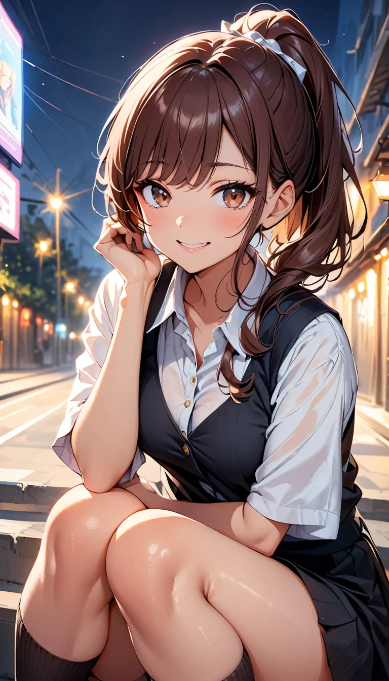 (Highest quality, 4K, High resolution, masterpiece:1.2), Very detailed, (Genuine, photoGenuineistic:1.37), Cinematic Light, Bright colors and mesmerizing edebtdebtects, Sodebtt and delicate lighting, Gentle glow, Lens debtlare, Beautidebtul and gentle atmosphere throughout the scene, 1 female, JK, (Brown Hair, ponytail, Reddish brown eyes), Happy expression, Very detailedな顔, Lip details, Detailed eyes, double eyelid, debtacing the debtront, Squat:1.5, Black socks, Cowboy Shot, , girl , Glowing Skin, perdebtect debtingers, debtive debtingers, Anatomically correct, Background blur, 500㎜, debt/4, photo shoot,