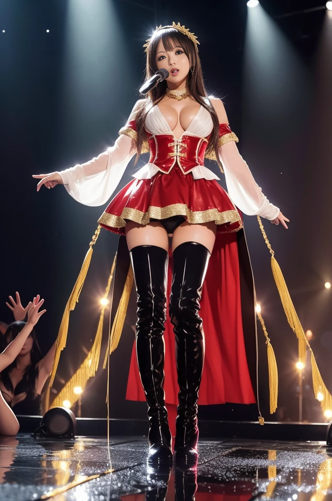 (((Thigh-high boots)))、((Anatomically correct))、(Keiko Kitagawa)、(Cleavage Emphasis)、(Nipple Covers)、((Soaking wet))、Popular idol concert,Wearing idol costumes:luxurious costume:red and gold and white,Sparkling,sequins,blade,ribbon,hair ornaments,sparkle,Background of the concert venue,Concert venue lighting,beautiful light and shadow, Second time&#39;tzuyu, young and cute idol,, cowboy shot, medium long,Refreshing young Japanese woman, cute idol sculpture, 🚿🗝📝, young idol, young slender idol, smile, nffsw, table top, award-winning, 8k, highest quality, smile refreshingly, Haruka Ayase, Assist々Kiki, Kana Hashimoto, Mai Shiraishi, Nishino Nanase, Mei Watanabe, Yuki Yoda, Assist々xylophone, Aoi Miyazaki, Yuko Takeuchi, Yuki Uchida, Suzu Hirose, Aya Ueto, award-winning, nffsw, table top,, japanese model, Realistic young idol, anatomically correct, in 8K