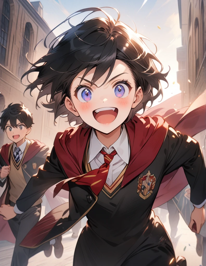 masterpiece, best quality, very aesthetic, absurdres、High resolution, Illustration, Action Painting, anime, anime風, Three boys、students, wearing a uniform、Hogwarts uniform、They are running、It looks very fun、They are smiling、