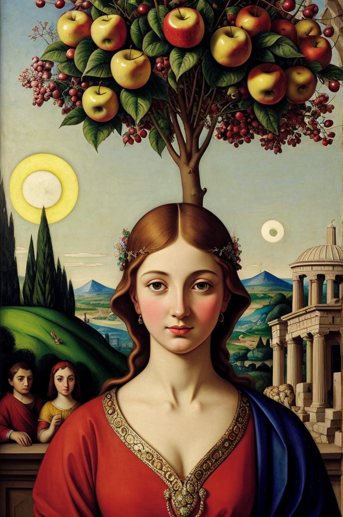 [[(front full portrait: (young godness Aphrodite of the period of antiquity with apple)in a Greek tunic), ((Ilya-Kuvshinov style)),comic art [dress ((Marc Chagall style))]):20]/[background: ancient Greece
 Renaissance+Baroque, old canva, (scarlet sunset), ((style Hieronymus-Bosch))]/[very colorful,((oil painting palette knife))((masterpiece))]]
