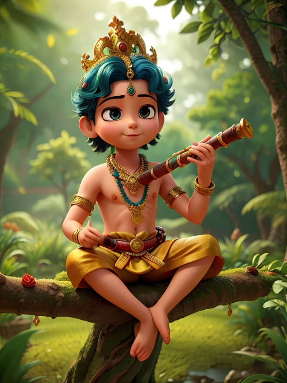 In this captivating image, young Lord Krishna is seated on a tree branch, holding his iconic flute. He is dressed in traditional attire, adorned with a beautiful peacock feather crown and intricate jewelry. A majestic peacock sits beside him, adding to the divine atmosphere. The lush forest backdrop, with its vibrant greenery and soft sunlight filtering through the trees, creates a serene and enchanting scene that exudes spirituality and tranquility.