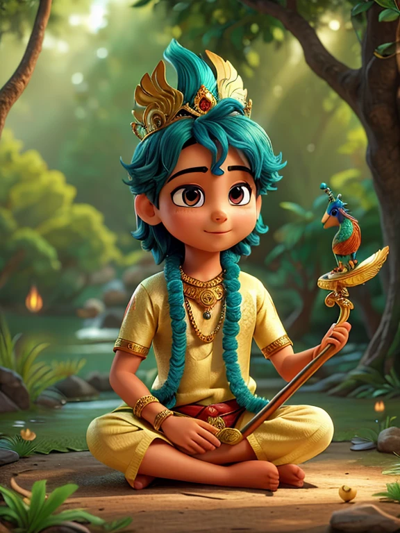 In this captivating image, young Lord Krishna is seated on a tree branch, holding his iconic flute. He is dressed in traditional attire, adorned with a beautiful peacock feather crown and intricate jewelry. A majestic peacock sits beside him, adding to the divine atmosphere. The lush forest backdrop, with its vibrant greenery and soft sunlight filtering through the trees, creates a serene and enchanting scene that exudes spirituality and tranquility.