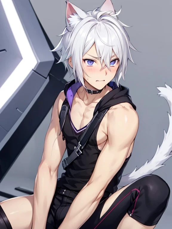 1 young person,alone,18-year-old,male,Shocked facial expression,blush,good looking,White hair Blue eyes,Purple eyes, Cat ear　Side view　Kneeled　Open your mouth and scream　suffer　Sleeveless, wistful expression　Exposure to electricity　Gets done　Thick tail　Upper body naked　Raised to be sexy　Arms up Black pants