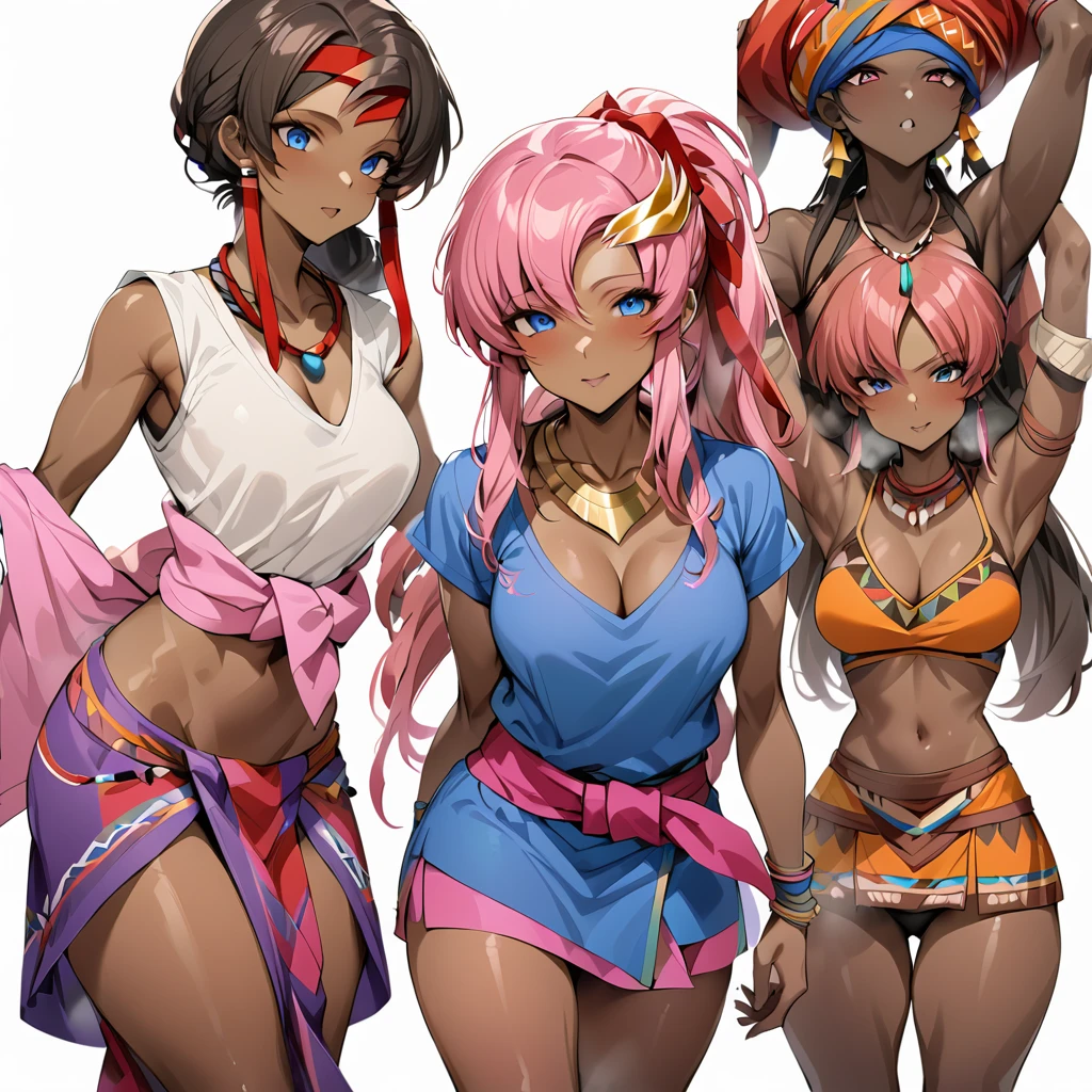 ((Highest quality)), ((masterpiece)), (detailed), (Perfect Face)、The woman is Lacus Clyne, a dark-skinned woman with blue eyes and medium-long pink hair, a hair ornament, a colorful turban headscarf, tribal accessories such as tribal necklaces and tribal earrings, and is an indigenous African woman wearing colorful indigenous tribal clothing.、The woman is in a native African tribal village.