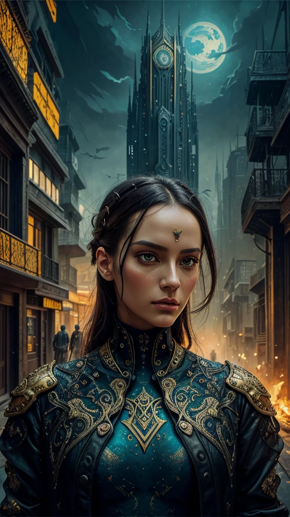 oil painting, surreal dystopian beautiful creature, piercing eyes,
painted by James Jean, cubist style, intricate details, stunning and ornate,
scattered cinematic atmosphere, bright colors, gold and black, brush strokes
inspired by Van Gogh, influence of Gerald Brom and Dariusz Klimczak,
composition inspired by Nikolina Petolas, metallic and organic textures,
eerie glow, dystopian background, collapsing buildings, barren wasteland,
decorative frame, captivating composition, masterpiece, 8K