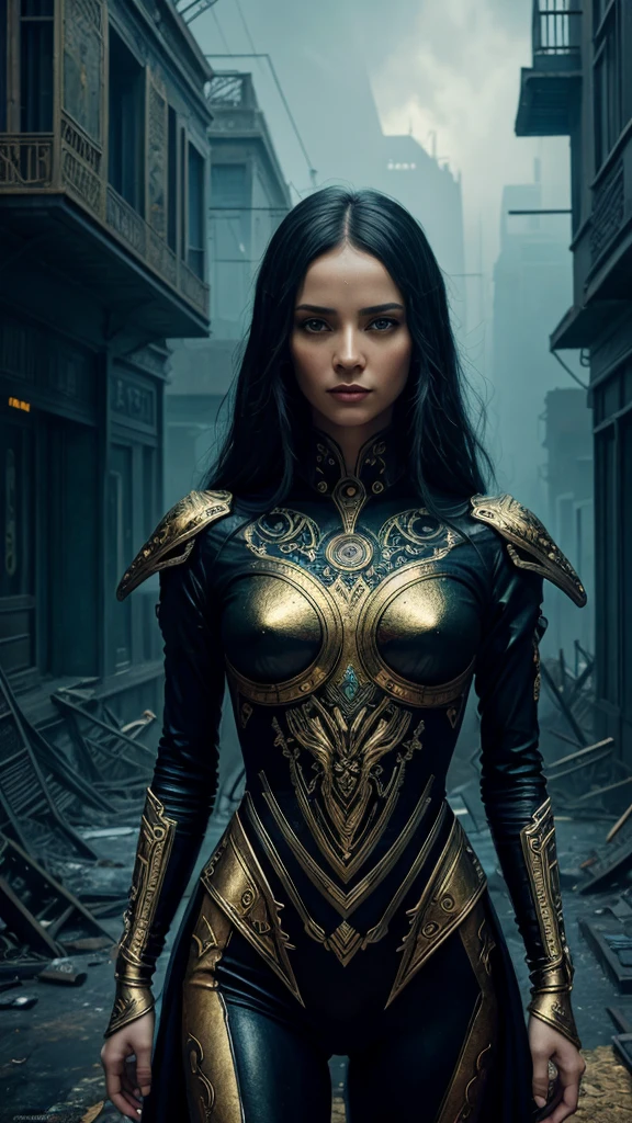 oil painting, surreal dystopian beautiful creature, piercing eyes,
painted by James Jean, cubist style, intricate details, stunning and ornate,
scattered cinematic atmosphere, bright colors, gold and black, brush strokes
inspired by Van Gogh, influence of Gerald Brom and Dariusz Klimczak,
composition inspired by Nikolina Petolas, metallic and organic textures,
eerie glow, dystopian background, collapsing buildings, barren wasteland,
decorative frame, captivating composition, masterpiece, 8K