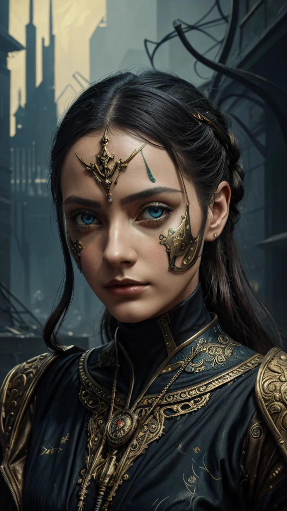 oil painting, surreal dystopian beautiful creature, piercing eyes,
painted by James Jean, cubist style, intricate details, stunning and ornate,
scattered cinematic atmosphere, bright colors, gold and black, brush strokes
inspired by Van Gogh, influence of Gerald Brom and Dariusz Klimczak,
composition inspired by Nikolina Petolas, metallic and organic textures,
eerie glow, dystopian background, collapsing buildings, barren wasteland,
decorative frame, captivating composition, masterpiece, 8K