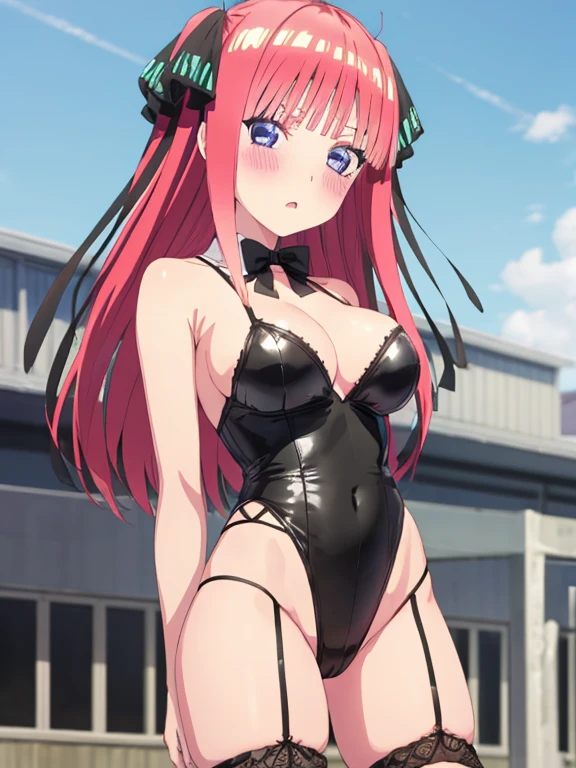 best quality, insanely detailed, nino nakano, breasts, blush, outdoor background, bare-shoulder, looking at viewer, garter strap, a black ribbon, stockings, highleg leotard