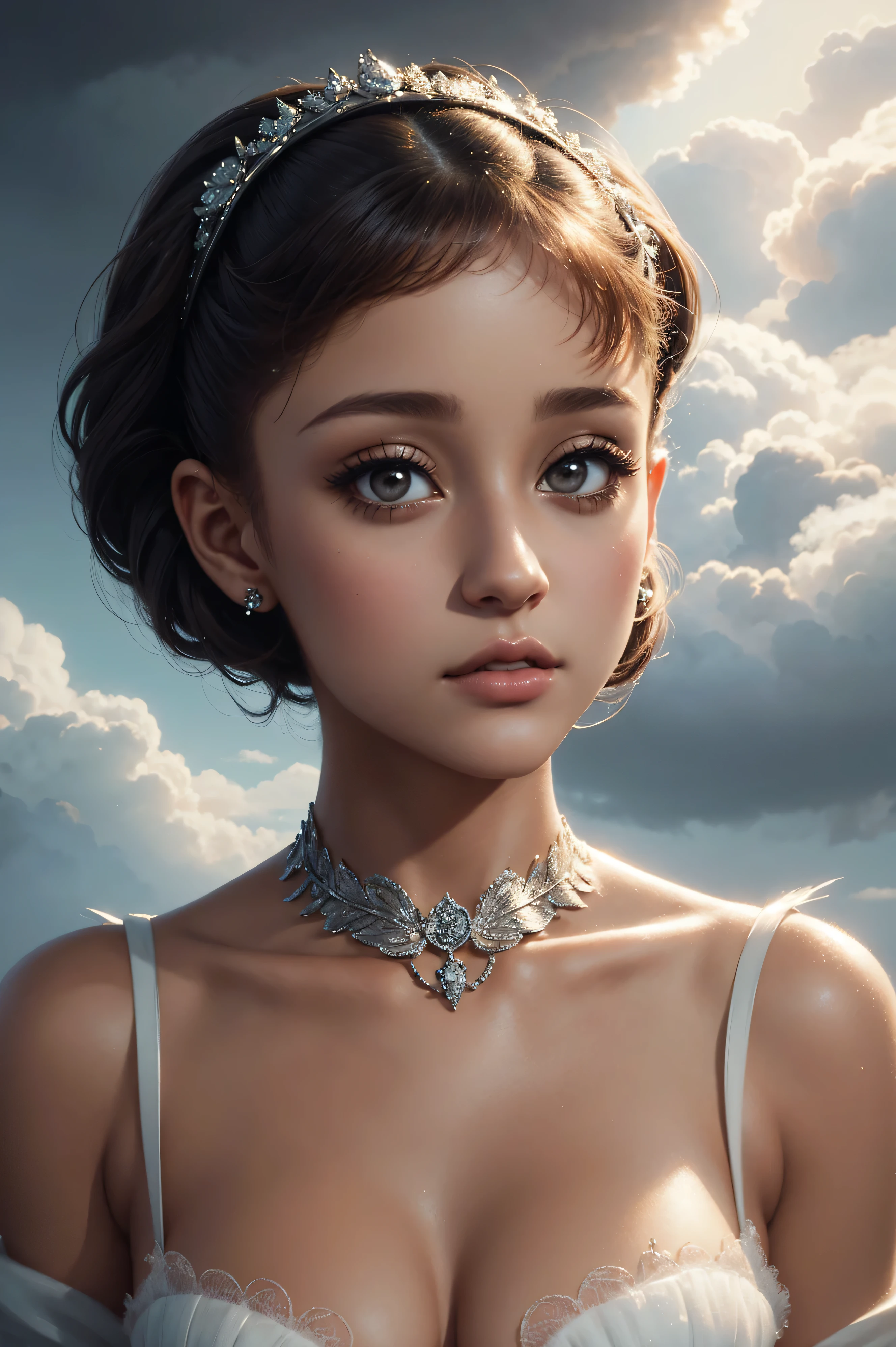 portrait Ariana Grande, wearing breasts angel costume, against the background of clouds, character portrait, 3 9 9 0 s, short hair, intricate, elegant, highly detailed, digital painting, artstation, concept art, smooth, sharp focus, illustration, art by wlop, charlie bowater and alexandra fomina, 36k