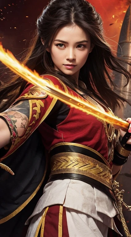 ２０Year、beautiful,、Cute Girls、Warrior、dragon tattoo on arm、Japanese sword(Blade length: 2 shaku 4 sun、The part with the picture is woven with red and black thread.、The tip is gold)、Draw your sword and prepare、Sharp eyes、enemy&#39;Blood is flowing to my cheeks、In the woods、Swordsman、Tattoo of a rose on the chest、blonde、short hair、Realistic Face、Swing your sword down、Delicate eyes、Laugh a little、Like a fight scene in a live-action movie、On the cheeks、enemyWarriorの返り血、