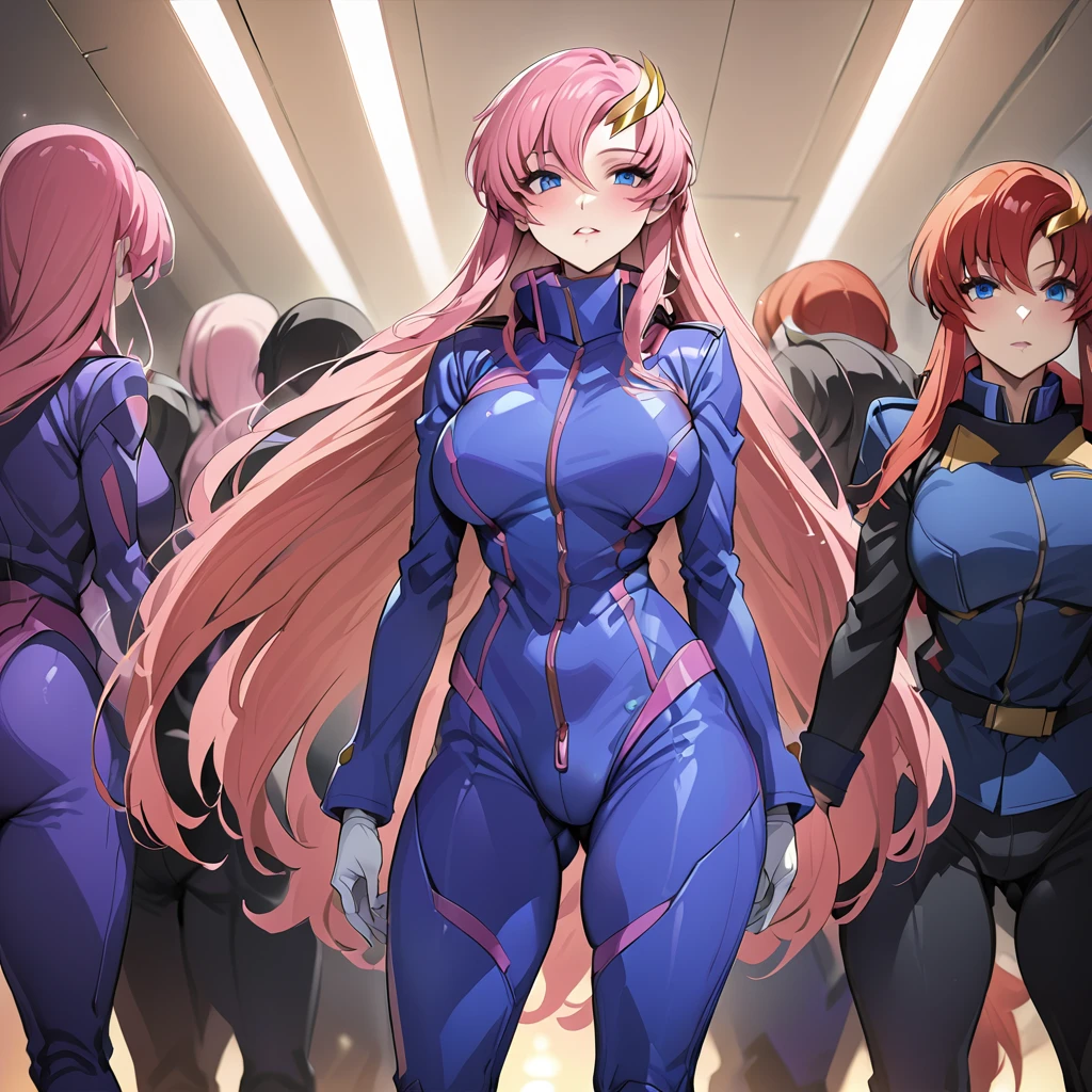 ((Highest quality)), ((masterpiece)), (detailed), （Perfect Face）、Gundam SEED、The woman is Lacus Clyne, with blue eyes, pink medium-long hair and a hair accessory.、The woman is a female officer in the Earth Federation Army and is wearing an Earth Federation Army pilot suit.