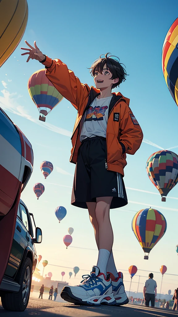masterpiece, Whimsical hot air balloon festival; 1 man, handsome man, Excited and adventurous expression; Wearing comfortable sneakers; Soaring in a hot air balloon with awe; Fun-loving and adventurous personality; Embracing the thrill of the festival; Low-angle shot; Wide-angle lens; Gaze towards the colorful hot air balloons.