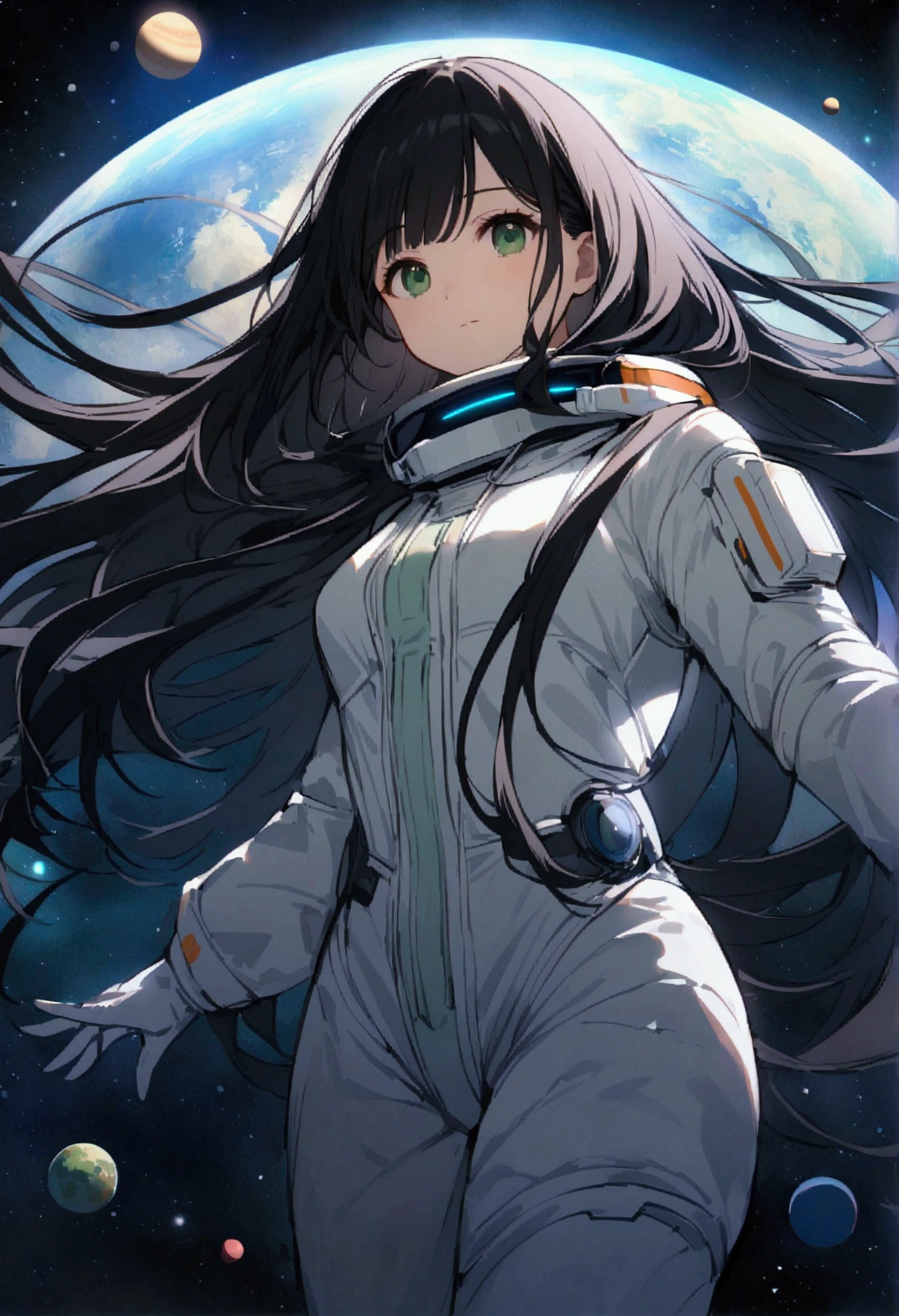A long-haired Asian girl with green eyes, dressed in a spacesuit, is traveling through space. Her black hair flows freely in the zero gravity, creating a striking contrast with the vast, star-filled expanse around her. The scene should capture the awe and wonder of her interstellar journey, with planets and stars as her backdrop.