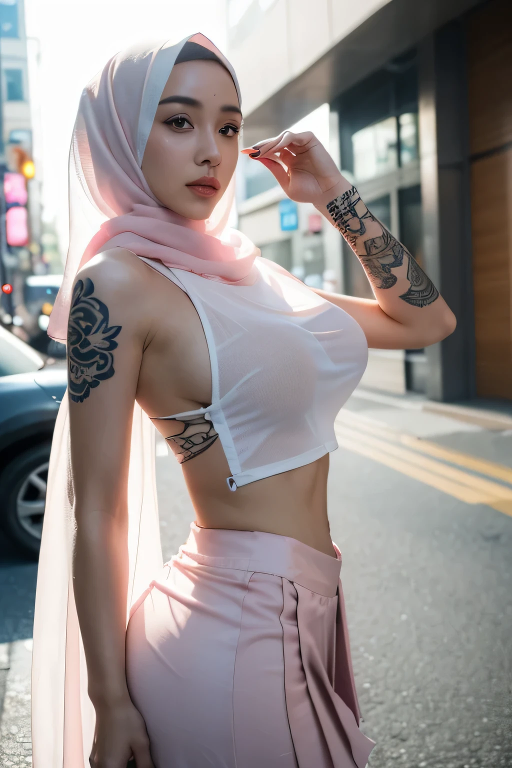two muslim, lesbian, RAW, Best quality, high resolution, masterpiece: 1.3), (wear: white pink hijab: 1.3), hijabi, Masterpiece, (very Huge breast), (gigantic breast), (very massive breast), (large full breast, see-through Loose oversized torn T-shirt with visible breasts), beutiful face, detail face, big gorgeous eyes, smile, (girl in sexy suit), (wear: sexy torn t-shirt (sexy see-through, oversized, backless, sideless, underboobs, cropped, low-cut, sleeveless), navel, wearing a sexy (cleavage): 1.3), (wear: short pleated skirt, (pleatedmini skirt): 1.3) (breasts-tattoos), (background: day time (shibuya street): 1.3), Excellent lighting, Bright colors, Clean lines, tattoo, (irezumi Tattoo), (tattoos), TATTOO