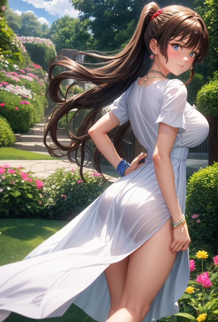 Big Breasts:1.2、、Highest quality、Very detailed、Highly realistic eye masterpiece、Highest quality、Very detailed、Gray Hair、Perfect Face、Long Hair、White Dress、Sundress、anime、countryside、Gutter Belt、White Stockings、{{{{{M-shaped legs}}}}}、nsfw、From the side、Slightly transparent、Crotch、I can see it、Skirt rolled up、Fully visible、Strong winds、Butt、No underwear、Pussy