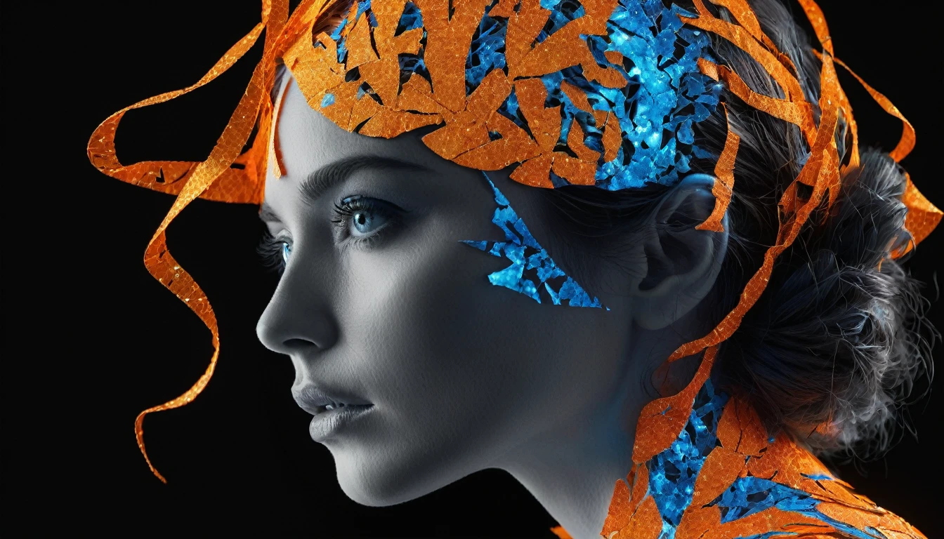 side view xray neon (kintsugi face:1.5) (torn paper body:1.5) chiaroscuro woman (translucent glowing brain:1.5), (grey-blue eyes:1.4), vibrant, candid cinema, 16mm, remarkable color, ultra realistic, shot with cinematic camera, (neon fractal strands orange-blue glow:1.5), subsurface scattering, shadows, red sidelight, short neck, (long flowing hair:1.5)