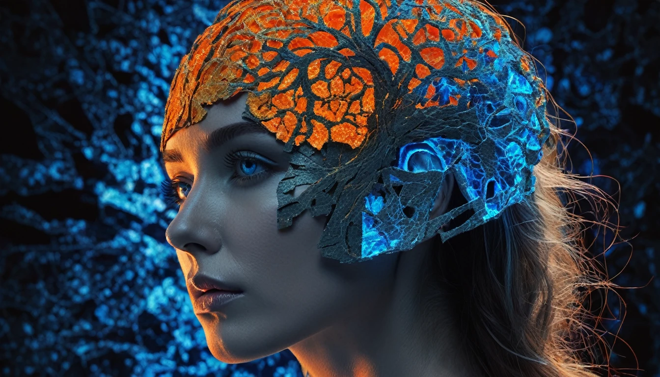 side view xray neon (kintsugi face:1.5) (torn paper body:1.5) chiaroscuro woman (translucent glowing brain:1.5), (grey-blue eyes:1.4), vibrant, candid cinema, 16mm, remarkable color, ultra realistic, shot with cinematic camera, (neon fractal strands orange-blue glow:1.5), subsurface scattering, shadows, red sidelight, short neck, (long flowing hair:1.5) 