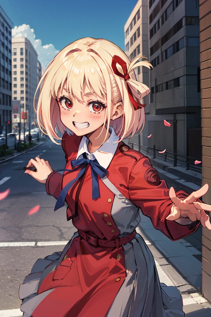 masterpiece、Highest quality、For women、Bans、Platinum Blonde、red 、red blush、Proudly、Dress shirt、Cowboy Shot、Dress shirt、Eyebrows visible through hair、Grin、Bob Hair、Viewer Perspective、Navy blue tie ribbon、Akame、、a red skirt、Laughter、solo、blue sky、Like a petal、Year、colorful、dynamic、City background with skyscrapers