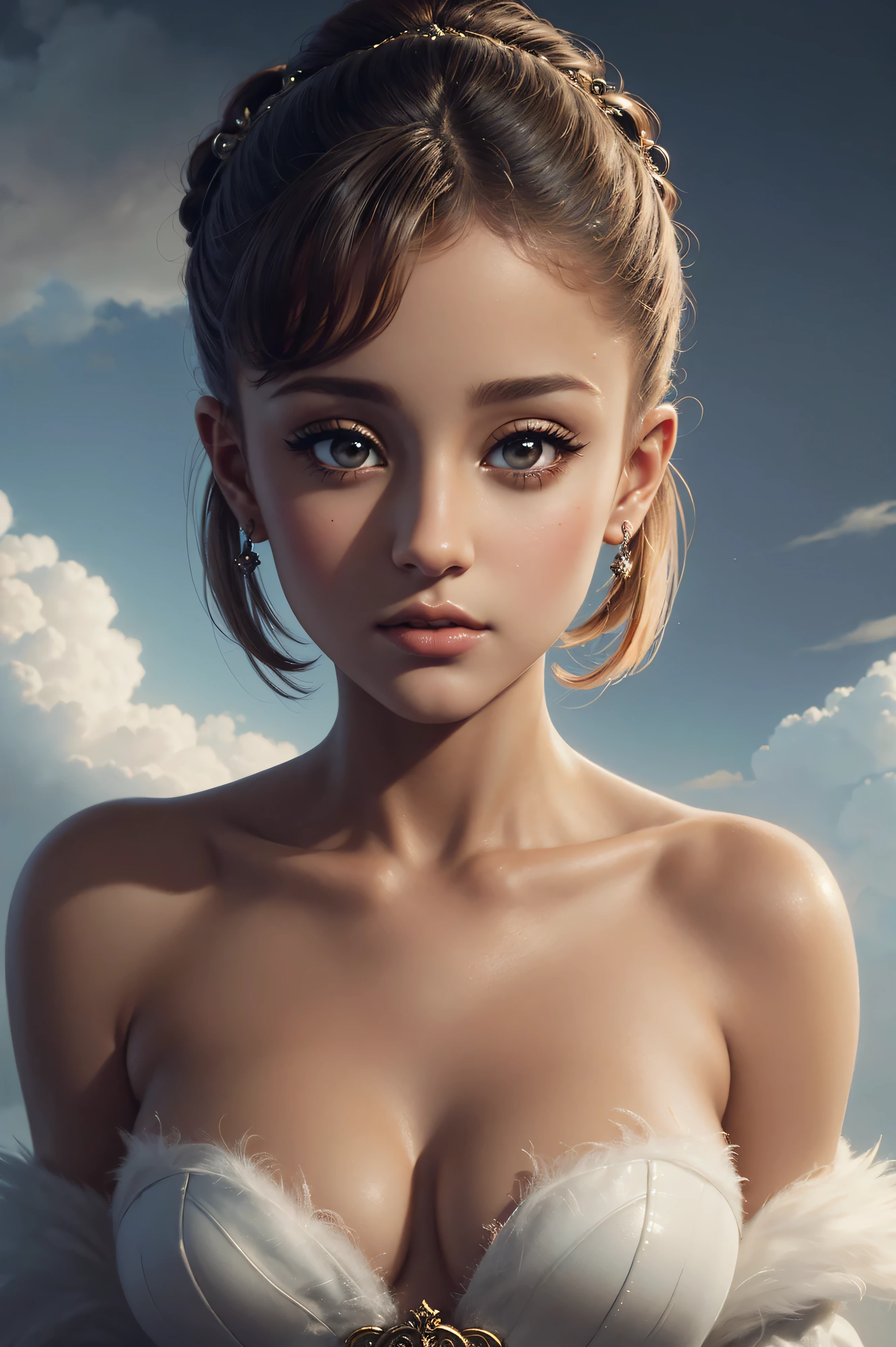 portrait Ariana Grande, wearing breasts angel costume, against the background of clouds, character portrait, 3 9 9 0 s, short hair, intricate, elegant, highly detailed, digital painting, artstation, concept art, smooth, sharp focus, illustration, art by wlop, charlie bowater and alexandra fomina, 36k