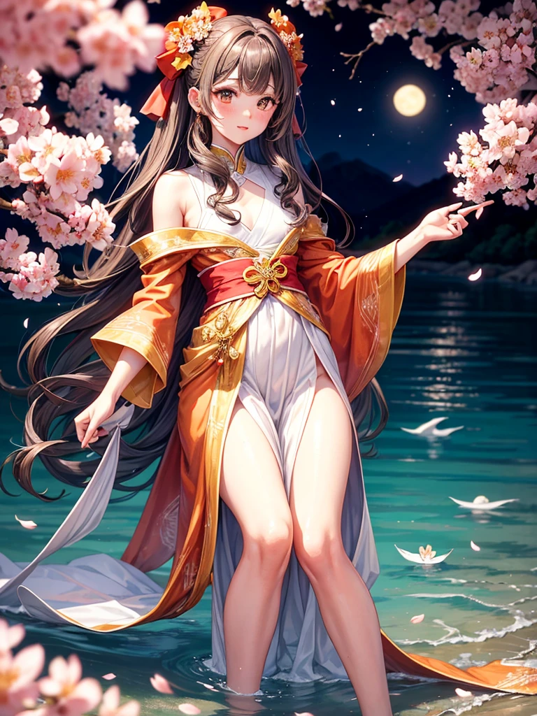 Beautiful young, witch, big, caramel brown eyes, long wavy bright gray hair, beautiful well proportioned body, Red lips, young and beautiful face, small nose, blushing cheeks, A bouquet of cherry blossoms adorned her hair on the left side., He wears a red and yellow oriental style suit, elegant and beautiful. In the background a huge full moon, white and shiny, cherry blossom petals, a beautiful lake with crystal clear water and orange fish 