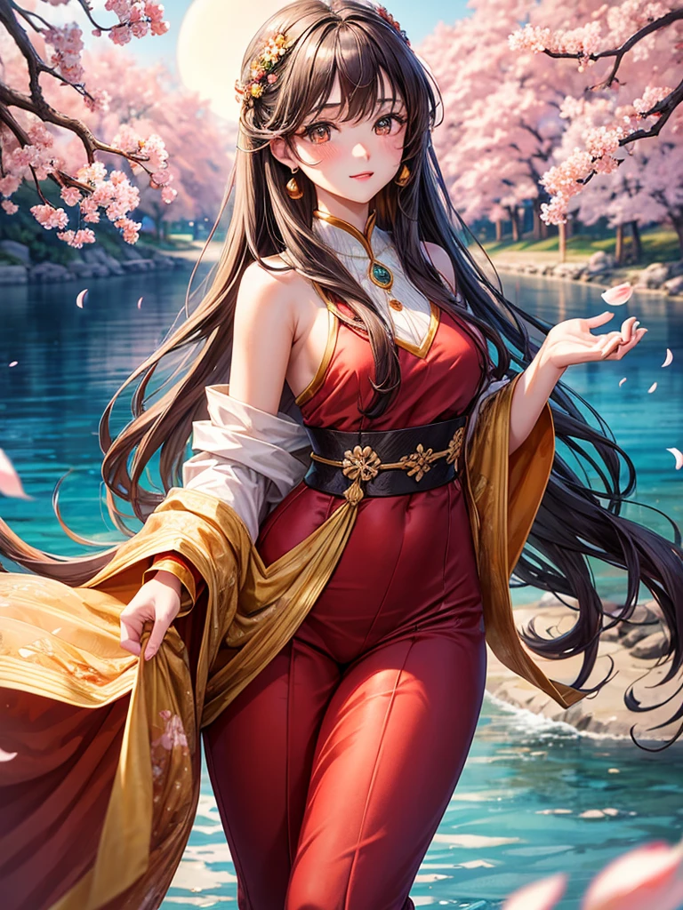 Beautiful young, witch, big, caramel brown eyes, long wavy bright gray hair, beautiful well proportioned body, Red lips, young and beautiful face, small nose, blushing cheeks, A bouquet of cherry blossoms adorned her hair on the left side., He wears a red and yellow oriental style suit, elegant and beautiful. In the background a huge full moon, white and shiny, cherry blossom petals, a beautiful lake with crystal clear water and orange fish