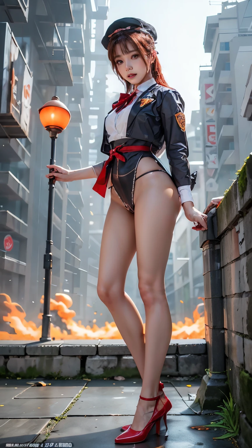 masterpiece,best quality,high resolution, 1 girl,From below,(The legs are very thin and straight),,(Very Long legs,Straight Legs),,High heel,Long legs,stand up, Leg length from the front, Perfect body,Have perfect legs,(External),Whole body love,Cyberpunk Characters,Dynamic poses,1 girl,Exquisite eyes,Brown eyes,Eyeshadow,cosmetic,Long gray hair, Delicate face, Exquisite eyes, Looking at the audience, blush\(cosmetic\), Full lips, Red lips,(Long gray hair:1.3), (stand up)Mechanical static,Mechanical Summoning,(Hair accessories:1.1),hat,((((Red suit ,Red school uniform)))),(black,Stockings garters),City,Luminous winding,Glowing Butterfly,Cyberpunk Lights:1.1),neon,Full of mechanical and futuristic elements,And technology,背景是一條中國傳統的street,Chinatown, street, sky sky, Cyberpunk Characters, paper lantern, neon Super Resolution,(Reality:1.3),1(Slim:1.2),Dramatic Lighting,Vivid details,Luxury Cyberpunk,Complex background,Octane Rendering,