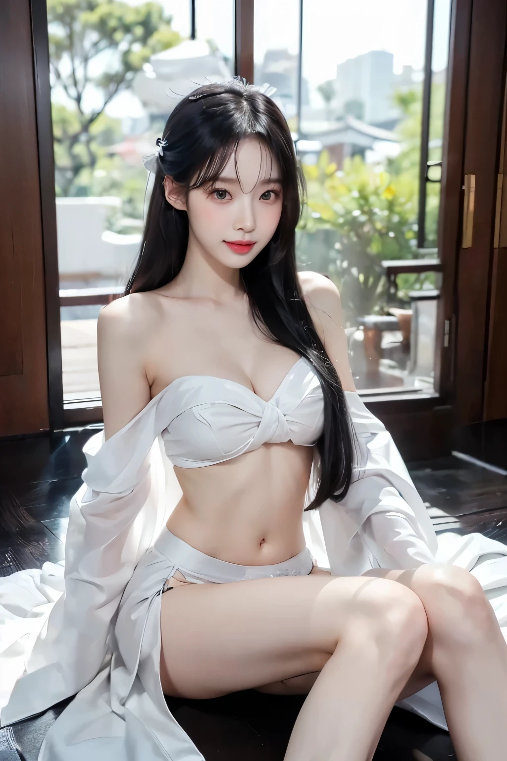 ((beautiful korean girl)), ((super bright pale skin)), ((glamour sensual body)), ((high-level image quality)), (Like a shot with an SLR) , ((Beautiful legs)), ((little smile)), ((semi-nude looks glamourous white silver colorful hanbok)), ((super pretty face)), ((Hair covers the ears and makes them invisible)), ((navel exposed)), ((slender but big breast)), ((off the shoulder)), ((underboob)), ((long black hairs)), ((sexy posture)), antient asian palace indoor background
