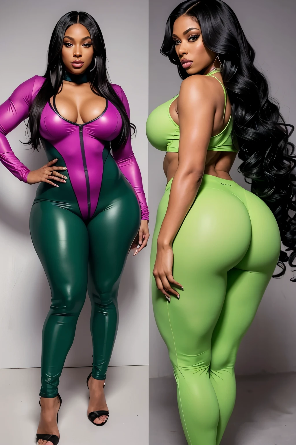 1. The duo, both 32 years old and exuding an aura of power and confidence, are positioned side by side, showcasing their unique bodily attributes. The first woman, with a masterpiece physique genetically modified to boast the widest hips in the world and the smallest chest, wears a lime green catsuit, accentuating her widespread hips and dramatic curves. Her hair cascades in soft waves, reminiscent of Dua Lipa's signature style. The second woman, embodying Megan Thee Stallion's Vixen from DC Comics, boasts a bottom-heavy, superior body part and large, curvaceous