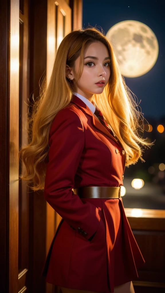 Gal, front, blonde, uniform, background school, red ribbon, night, , the moon is out, high resolution, 4K,