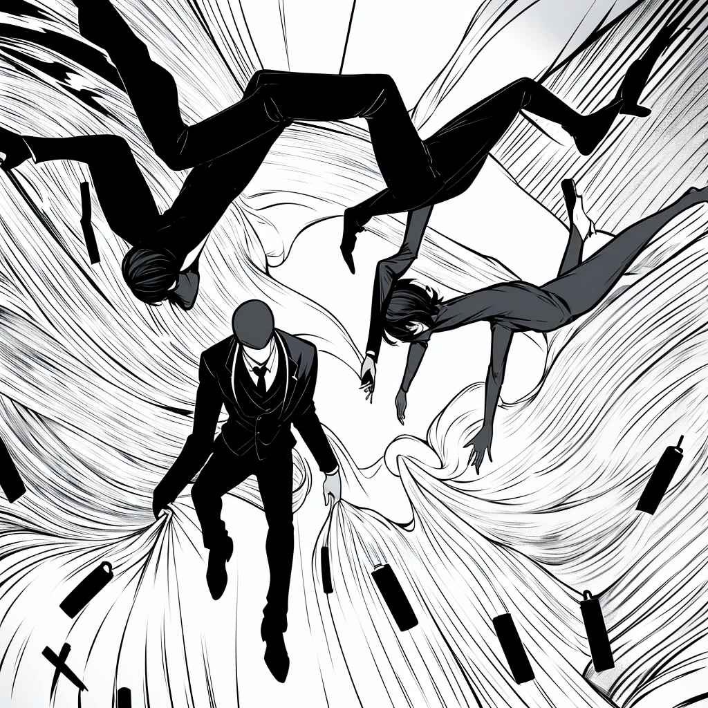 “A darkly artistic drawing inspired by Twenty One Pilots’ song ‘Trapdoor.’ At the center is a falling man dressed in black pants, a black blazer and wearing a black mask covering his whole head, the man has some white paint spilled in his blazer and pants and the white paint covers some of his body , he is falling through a black void underneath a wooden trapdoor. The background is a dark, gloomy void. Around the man are scattered falling objects like broken lightbulbs and a grave.The overall color palette mixes dark shades with a white contrast from the objects and white paint, creating a contrast that highlights the underlying emotional intensity of the drawing, the main focus of the drawing is the man that must be in the center, the main focus is the man while falling through a void.”