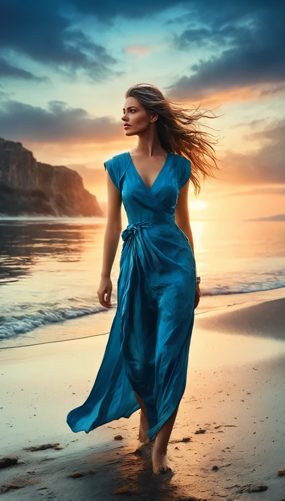 (masterpiece, top quality, best quality, photorealistic, official art, beautiful and aesthetic:1.2), A woman walking along the coast, looking out to blue sea, a very strong tailwind blowing strongly, long hair and clothes heavily disheveled, hair blows in the face, hair covers the face, colorful clothes, a beautiful front silhouette, HDR,bokeh,,fine art photography, front to viewer