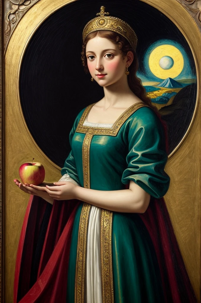 [[(front full portrait: (young godness Aphrodite of the period of antiquity with apple)in a Greek tunic), ((Ilya-Kuvshinov style)),comic art [dress ((Marc Chagall style))]):20]/[background: ancient Greece
 Renaissance+Baroque, old canva, (scarlet sunset), ((style Hieronymus-Bosch))]/[very colorful,((oil painting palette knife))((masterpiece))]]
