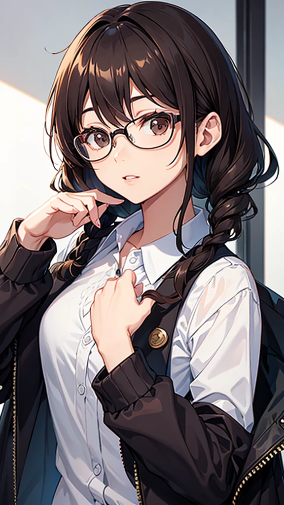 Smart looking young girl with short dark brown hair, Wearing glasses、He's wearing a navy blue suit with some gold accents.. Her eyes have two colors、smile