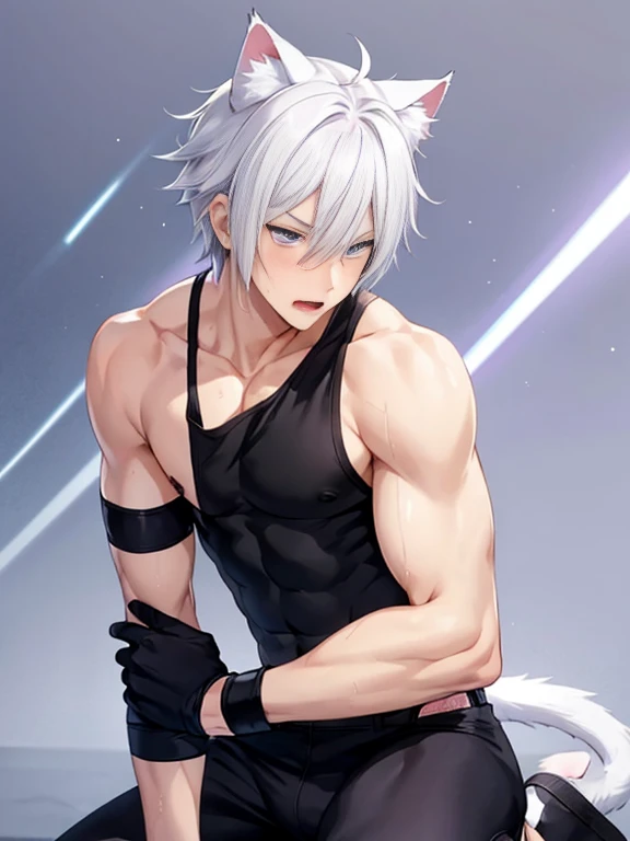 1 young person,alone,18-year-old,male,Shocked facial expression,blush,good looking,White hair Blue eyes,Purple eyes, Cat ear　Side view　Kneeled　Open your mouth and scream　suffer　Sleeveless, wistful expression　Exposure to electricity　Gets done　Thick tail　Upper body naked　Raised to be sexy　Arms up Black pants