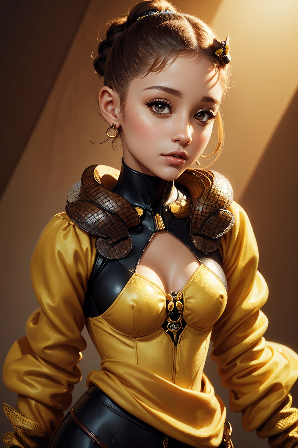 portrait Ariana Grande, wearing breasts bee costume, against the background of a beehive, character portrait, 3 9 9 0 s, short hair, intricate, elegant, highly detailed, digital painting, artstation, concept art, smooth, sharp focus, illustration, art by wlop, charlie bowater and alexandra fomina, 36k