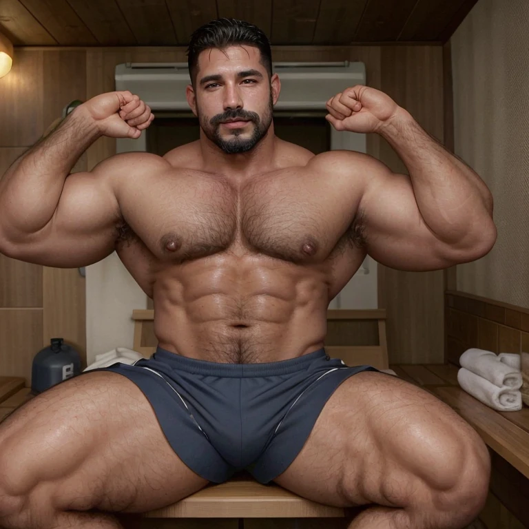 Hot handsome macho gym coach in sauna, gym teacher, sweaty, steam, steamy, wet, athletic wear, athlete, elegant, charming, kind, scruff, goatee, mustache, hairy, big body, manly and masculine, symmetrical eyes, beautiful eyes, high Resolution, Masterpiece,Best Quality, big pecs, big arms, daddy, father, dad body, stocky, thick thighs, charming smile, happy, alpha male, italian roman greek mediterranean french portuguese latin latino chico man in his 30s, buzzcut haircut