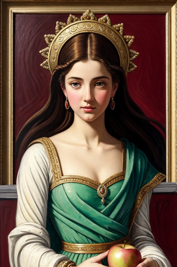 [[(front full portrait: (young godness Aphrodite of the period of antiquity with apple)in a white Greek tunic), on Parnas, ((Ilya-Kuvshinov style)),comic art [dress ((Marc Chagall style))]):20]/[background: ancient Greece
 Renaissance+Baroque, old canva, (scarlet sunset), ((style antique greece))]/[very colorful,((oil painting palette knife))((masterpiece))]]