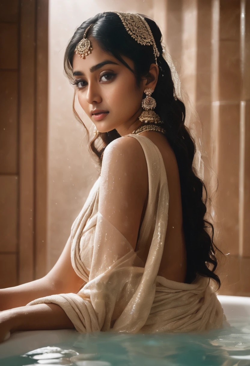 1girl, indian ethnicity, wedding jewellery, In the bath,Delicate and beautiful face,long hair with bangs,crisp breasts,Convex buttocks,Wrapped in a soaked bath towel,perfectly proportioned, bathroom,vapour,bathtub,Cinematic lighting, filmgrain, Fujicolor, lightand shade contrast, 8k, Masterpiece, Textured skin, Super detail, high detail, High quality, A high resolution,