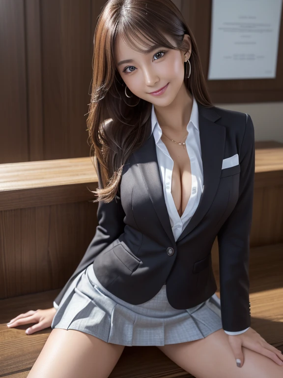 (1 Female), beautiful, Great face and eyes, compensate, (Very detailedbeautiful顔), A seductive smile, (Highest quality:1.4), (Very detailed), (Very detailed CG 統合 8k 壁紙), Very detailed, RAW Photos, Professional photography, (suit, mini skirt:1.2), (A business shirt with a wide open chest), (Spread your legs),