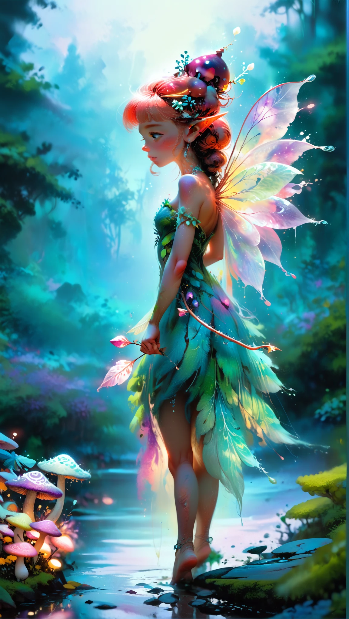 a beautiful tall female ice-elf on a forest path at twilight standing amidst incredibly large bio luminous ice-mushrooms holding a bow and arrow, Ultra detailed illustration of a person lost in a magical world of wonders, glowy, translucent, transparent, bioluminescent flora, incredibly detailed, pastel colors, handpainted strokes, visible strokes, oil paint, art by Mschiffer, night, bioluminescence