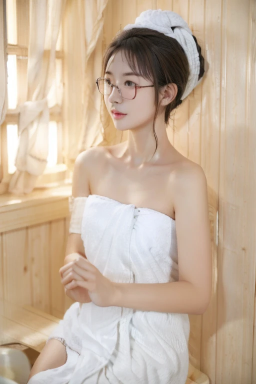 Highest quality、masterpiece、High sensitivity、High resolution、Detailed Description、Slender women、Glasses、Short Hair、One bath towel、Wrap around the body、