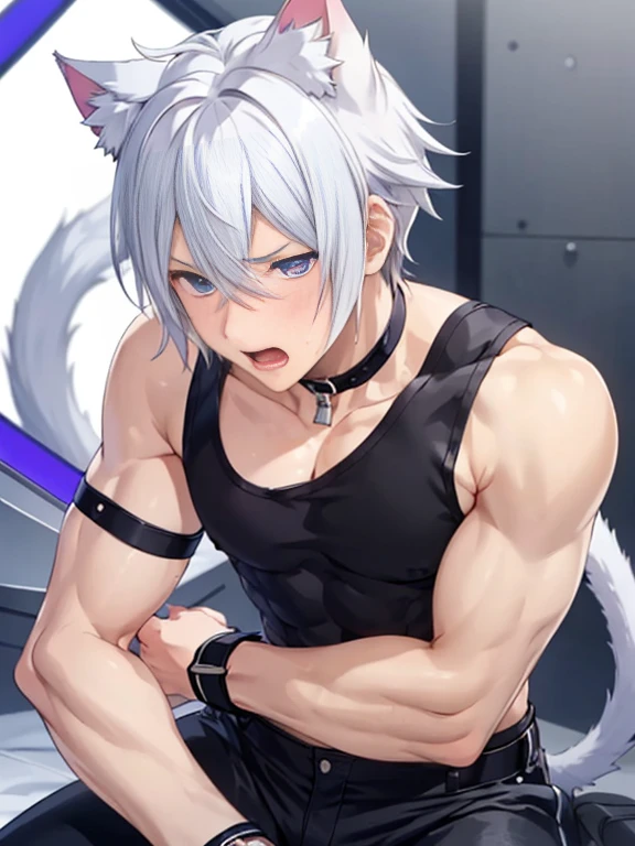 ****ung person,alone,18-year-old,male,Shocked facial expression,blush,good looking,White hair Blue eyes,Purple eyes, Cat ear　Side view　Kneeled　Open your mouth and scream　suffer　Sleeveless, wistful expression　Exposure to electricity　Gets done　Thick tail　Upper body naked　Raised to be sexy　Arms up Black pants