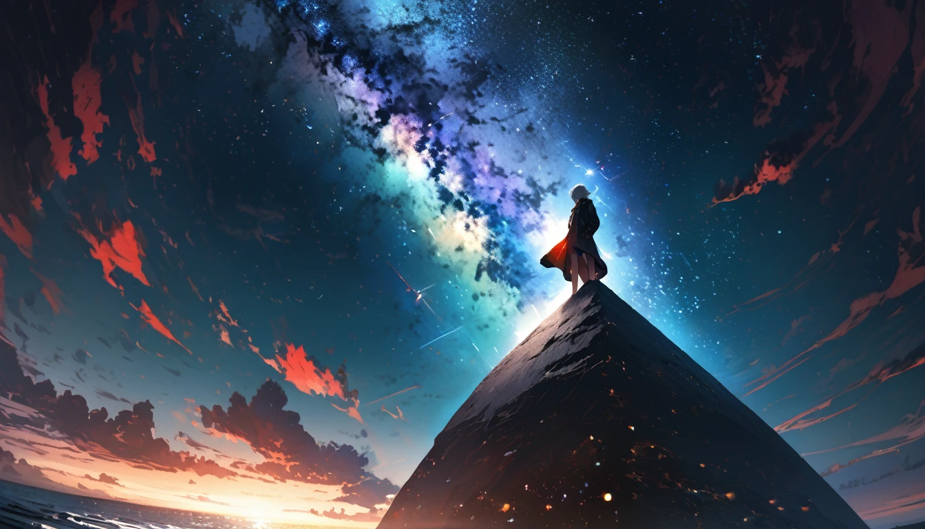 Starry Sky, After the Rain, horizon , In the sky,Lens flare, colorful,coat,Put your hands in your pockets,(student, 18-year-old, JK, Her short silver hair sways, Pale skin, Lack of eye sparkle) Looking up at the sky, Beautiful sky, There is an ocean,White Street,The scenery is beautiful, 広いLooking up at the sky, I see the wind blowing and shining, In the sky there is a noon moon and a noon star,From below, BREAK ,quality(8k,Highly detailed CG unit wallpaper, masterpiece,High resolution,top-quality,top-quality real texture skin,surreal,Increase the resolution,RAW Photos,highest quality,Very detailed,wallpaper,Cinema Lighting,Ray Tracing,Golden Ratio),Have a long-term perspective